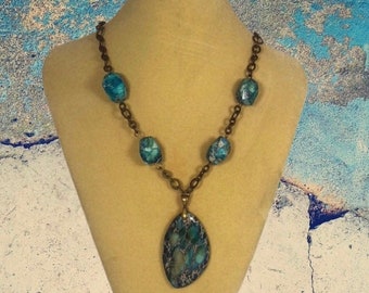 Boho Style Chain and Aqua Terra Jasper 22.5” Bead and Pendant Necklace