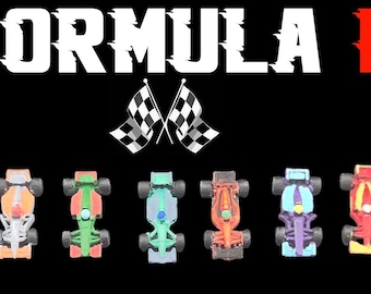 May include: Formula D toy race cars in various colors, including black, yellow, red, green, blue, orange, and purple. The cars are arranged in a row on a black background with the words "Formula D" above them.