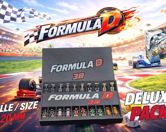 May include: Formula D 3D Deluxe Pack board game. The image shows a black box with miniature race cars, a die, and a Formula D logo. The size of the cars is 20 mm.