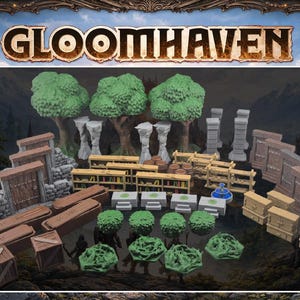 Peut inclure: Ensemble de pièces de terrain miniatures pour le jeu de société Gloomhaven. L'ensemble comprend des arbres, des piliers, des portes, des caisses, des bibliothèques et d'autres accessoires de jeu. Le logo Gloomhaven est en haut de l'image.