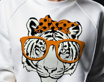 Tigers Bow Png , Tiger With Glasses Png, Coquette Tigers Png, Retro School Spirit, Tigers Mom Shirt Png, Go Tigers, Sublimation Png