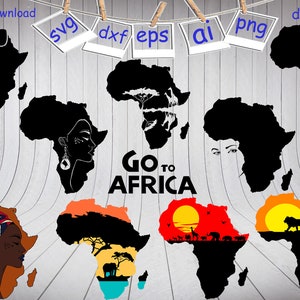 Afrika Silhouette geschnitten, Afrika Karte, Afrika Tiere, Afrika Safari, Afrika Frau Silhouette, Clipart, Schnittdateien, Png 300dpi