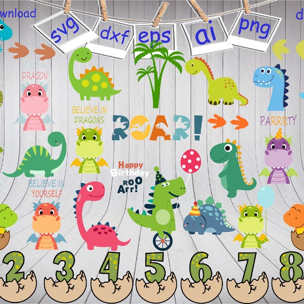 Dino Birthday Party Svg, Dinosaur Birthday Pack Svg, T-rex Svg, Digital download, Dinosaur Bundle svg for Cricut And Silhouette