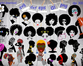 28 Afro Woman Bundle Svg, Black Woman Svg, Afro Girl Svg, Black Girl Svg, Natural Hair Svg, Afro Hair Svg, Clipart, Cut files, Png 300dpi