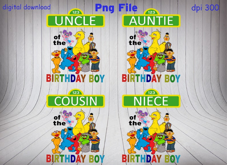 Puede incluir: Cuatro dise&ntilde;os imprimibles con tem&aacute;tica de personajes de Plaza S&eacute;samo para una fiesta de cumplea&ntilde;os. Cada dise&ntilde;o presenta un personaje de Plaza S&eacute;samo con el texto "of the birthday boy" y un t&iacute;tulo sobre el personaje. Los t&iacute;tulos son "Uncle", "Auntie", "Cousin", y "Niece".