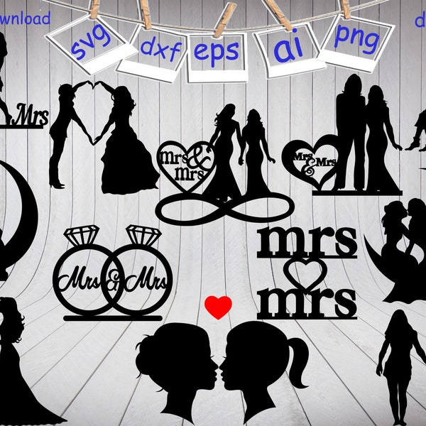 Lesbische Paare Svg, Mrs und Mrs Svg, Pärchen Svg, Lesbische Svg, Liebe Silhouette Svg, Pärchen Clipart, Pärchen Silhouette