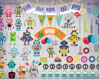 May include: A set of 30 robot themed digital clipart images in SVG, DXF, EPS, AI, and PNG formats. The clipart includes robots, gears, tools, birthday cake, balloons, and numbers 1-9. The images are perfect for creating invitations, party decorations, and other craft projects.