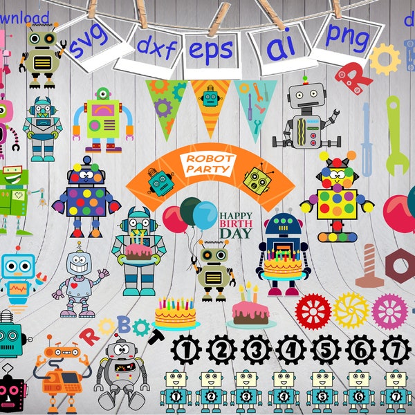 Robots Birthday Party Svg, Robots Birthday Pack Svg, Robots Svg, Digital download, Robots Bundle svg for Cricut And Silhouette
