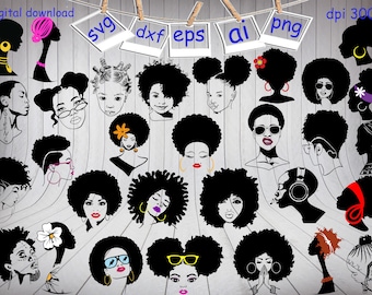 30 Afro Woman Silhouette Face Svg, Black Woman Svg, Afro Girl Svg, Black Girl Svg, Natural Hair Svg, Afro Hair Svg, Clipart, Cut files, DXF