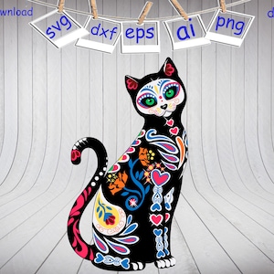 Sugar Skull Cat svg fichier, Sugar Skull SVG, Dia De Los Muertos Svg, imprimer pour T-shirt, clipart, imprimable, Cut fichiers SVG Eps Dxf Png 300dpi