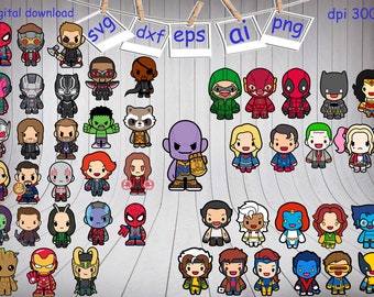 May include: A collection of 36 colorful cartoon character illustrations featuring superheroes, villains, and other popular characters. The characters are in a chibi style, with large heads and small bodies. The image includes text that says "digital download" and "dpi 300".
