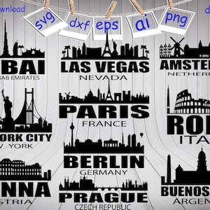 10 City Silhouette Svg,Town Silhouette Svg, New York City Svg, Paris Svg, Las Vegas Svg, Amsterdam Svg, Clipart, Cut files, Png 300dpi