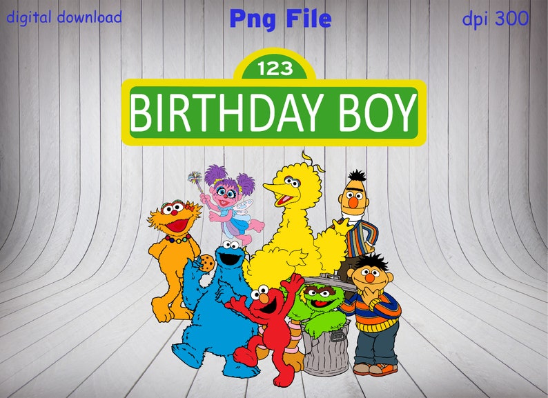 Puede incluir: Un cartel de calle verde con el texto "BIRTHDAY BOY" y el n&uacute;mero "123" sobre un fondo amarillo. El cartel est&aacute; rodeado de personajes de Plaza S&eacute;samo, incluyendo Big Bird, Elmo, Cookie Monster, Bert, Ernie y Abby Cadabby.