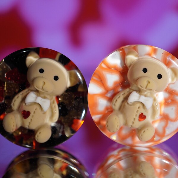 Teddy bear & Hearts Double Flare Ear stretcher plugs   (Pair) tunnels | Teddy bear Custom stretchers  22-50mm