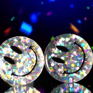 Smiley Face Ear Plugs jewelry Happy fun Holographic Sparkling Iridescent Glitter  Double flared! Available in gauges 18mm-50mm