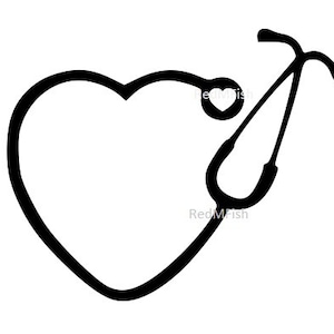 May include: A black line drawing of a stethoscope forming a heart shape. The stethoscope's earpieces are at the top right, and the chest piece is a small heart. The words "RedMfish" are in the bottom right.