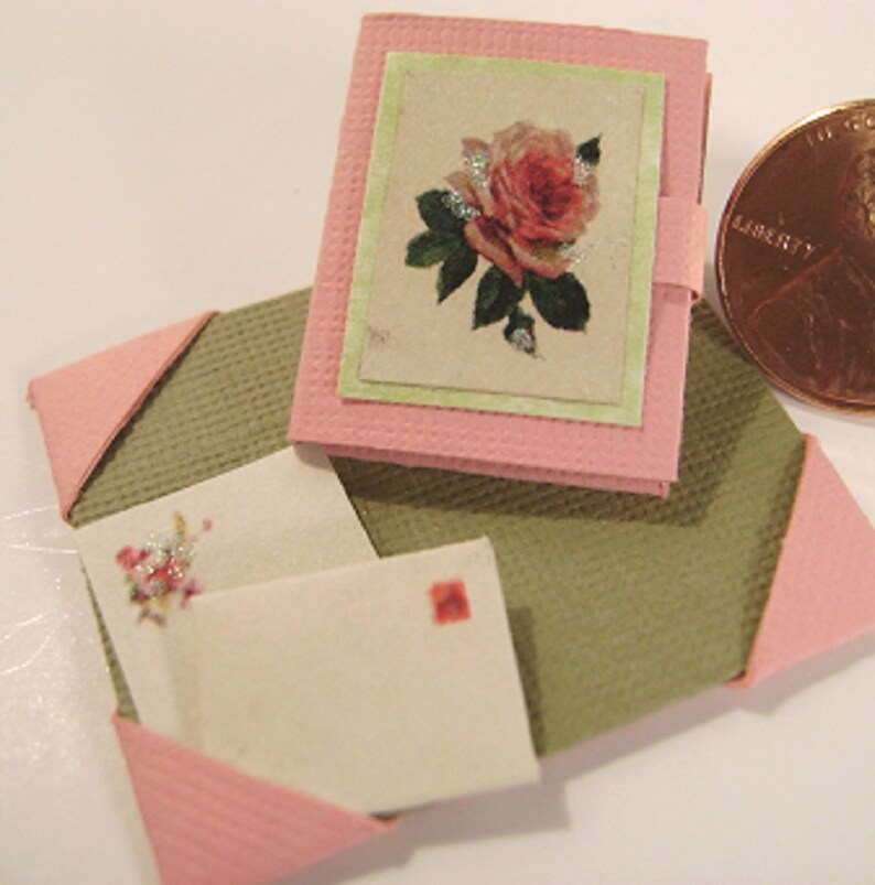 Miniature Dollhouse Stationery Pink Portfolio Desk Blotter 1 12 Scale Rose Pattern Library Office And Boudoir Accent Stationary Envelopes
