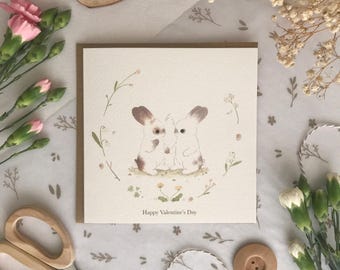 Valentine's Day Bunny Card, Illustrated Rabbit Greeting, Blank Inside, 14.8cm Square