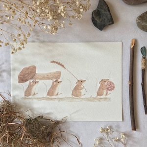 Harvest Mice Art Print | Cute Animal Art | Watercolour Animals | Cute Home Decor | A5