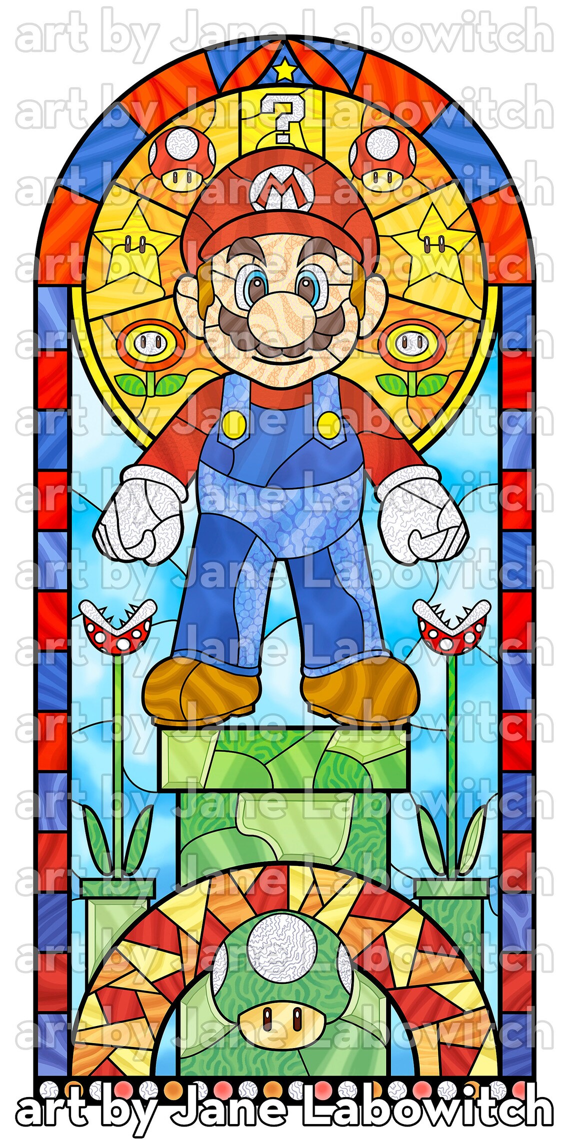 Mario Stained Glass Digital Illustration 10x20 Metallic Etsy