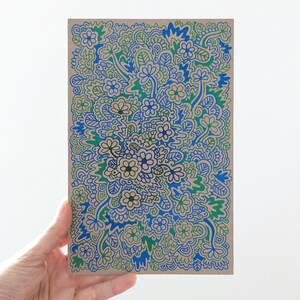 Garabato floral verde azul / arte diminuto / Arte garabato / pequeña ilustración técnica / arte original asequible