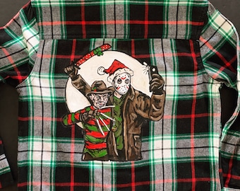 Freddy and jason inspired Christmas hand painted flannel