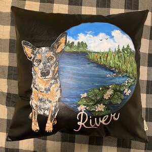 Vegan leather pet portrait pillow, pets and their places