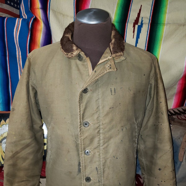 Vintage 1940s  WW2 USN Navy N-1 Military Carrier Deck jacket coat 44 Large