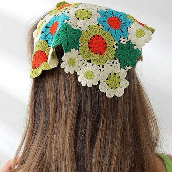 Crochet Colorful Floral Bandana / Flower Hair Kercheif / Retro Bandana / Crochet Accessory / Cute Unique Hairpiece