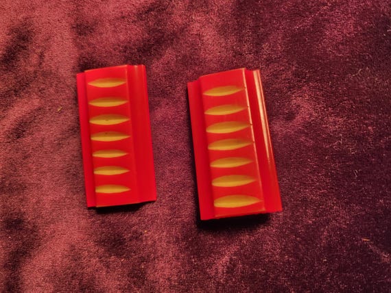 Set of Vintage Dress Clips Red Bakelite w/ Yellow in carvings