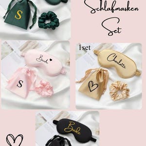 Könnte beinhalten: Drei Sets personalisierter Schlafmasken, jede mit einer anderen Farbe und einem anderen Design. Das erste Set ist grün mit dem Wort "Bride" und einem Herzen. Das zweite Set ist rosa mit dem Wort "Bride" und einem Herzen. Das dritte Set ist goldfarben mit dem Wort "Charlotte" und einem Herzen. Jedes Set enthält eine Schlafmaske, ein Satin-Haargummi und eine kleine Satintasche.