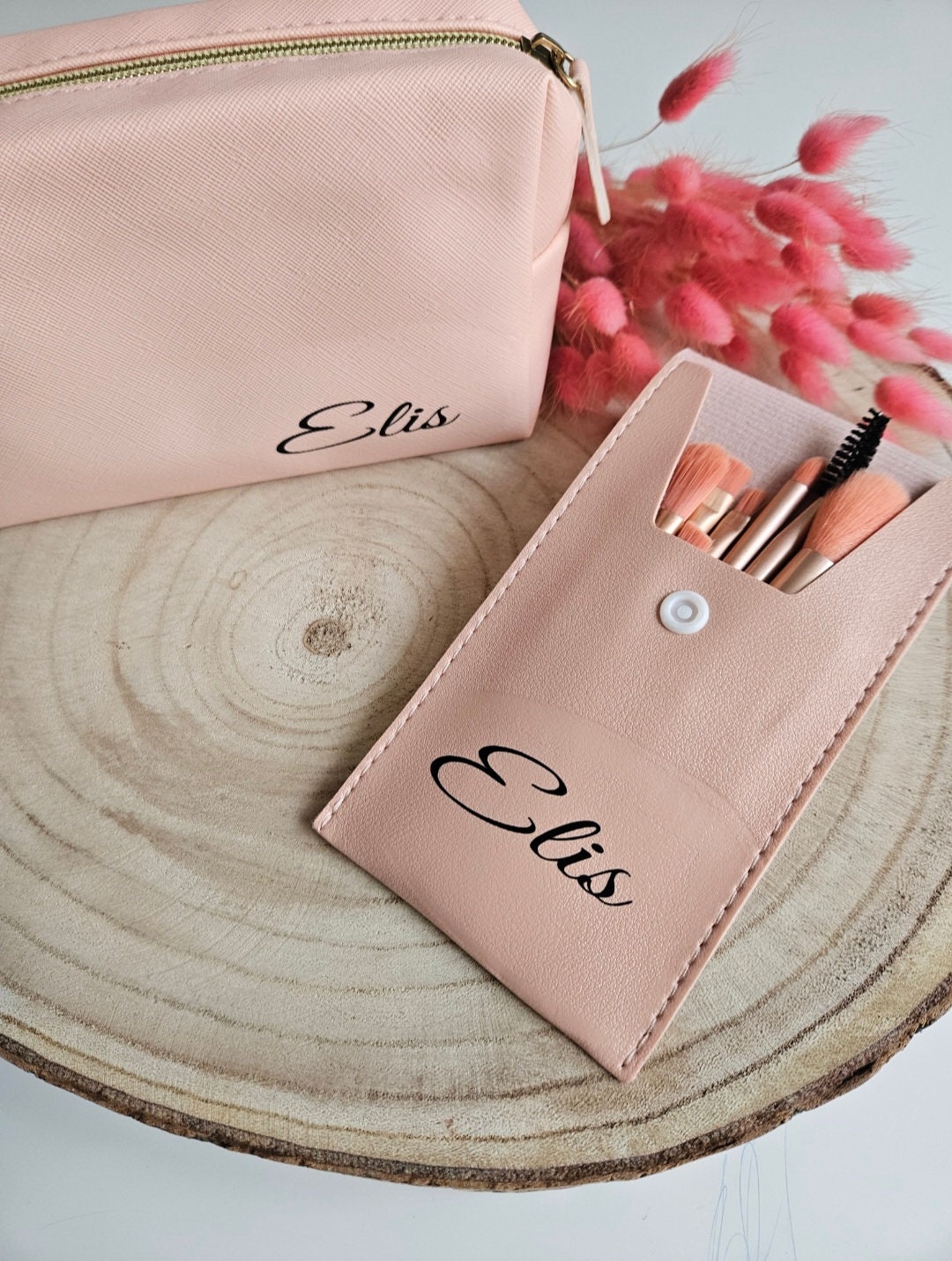 Kosmetikrolle Aus Stoff – Aufrollbare Schminktasche Mit Mehreren Fächern (rosa-kariert)