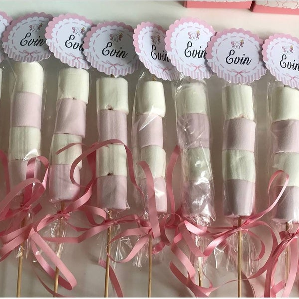 Marshmallow Stiele Gastgeschenke Taufe Geburt Geburtstag Babyshower Hochzeit Babyparty Wunschmotiv Wunschdruck Personalisierte Geschenk Gift