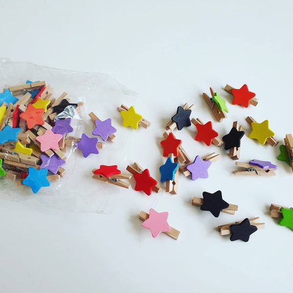 30x Mini clips de madera "Estrellas" Clip de papel colorido Bullet Journal Diary Balenches Pendant Stars Rainbow Wood Clamp Scrapbooking Deco
