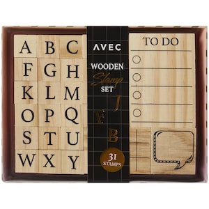 Set di 31 timbri, timbri dalla A alla Z, timbri in legno, lettere dell'alfabeto, bullet journal, biglietti fai da te, planner annuale, lista delle cose da fare, cuore, fumetto