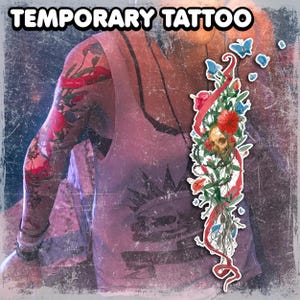 一時的なタトゥー | リアル | 防水フェイク | コスプレアクセサリー | 腕の花と頭蓋骨のタトゥー | ハロウィンコスチューム | クロエ | フルサイズ