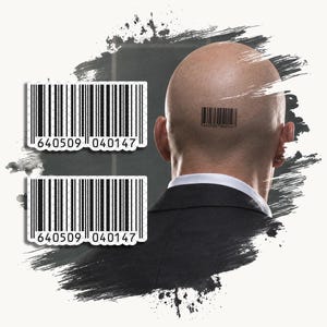 May include: A graphic design featuring a bald head seen from behind with a barcode tattoo on the back of the neck, wearing a black suit jacket and white shirt collar. Two identical rectangular barcode stickers with the number 640509 040147.