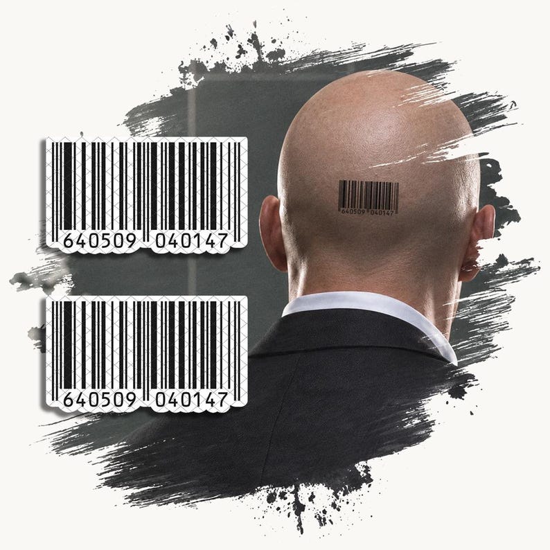 May include: A graphic design featuring a bald head seen from behind with a barcode tattoo on the back of the neck, wearing a black suit jacket and white shirt collar. Two identical rectangular barcode stickers with the number 640509 040147.