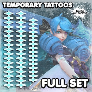 May include: Temporary tattoos with a repeating geometric design in light blue and white. The image also features a character with blue hair and the text "FULL SET" and "WHITE INK TATTOO".
