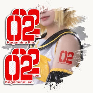 May include: A set of temporary tattoos featuring the red number 02 and the text Kagamine Rin or Kagamine Len. The design includes a grid pattern within the numbers. One tattoo is shown applied to an upper arm, while others are displayed as stickers.