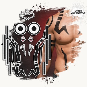 May include: A set of black and white temporary tattoo decals featuring large circular eyes, small monster-like faces with tongues, and long jagged geometric lines. The text WHITE INK TATTOO is visible in the upper right corner of the design sheet.