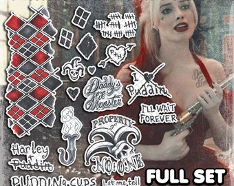 TSS d'Harley Quinn | Tatouages temporaires | Réaliste | Cosplay | Déguisements | Tatouages | Faux tatouage | Halloween | Ensemble complet | 17 tatouages + CADEAUX !!
