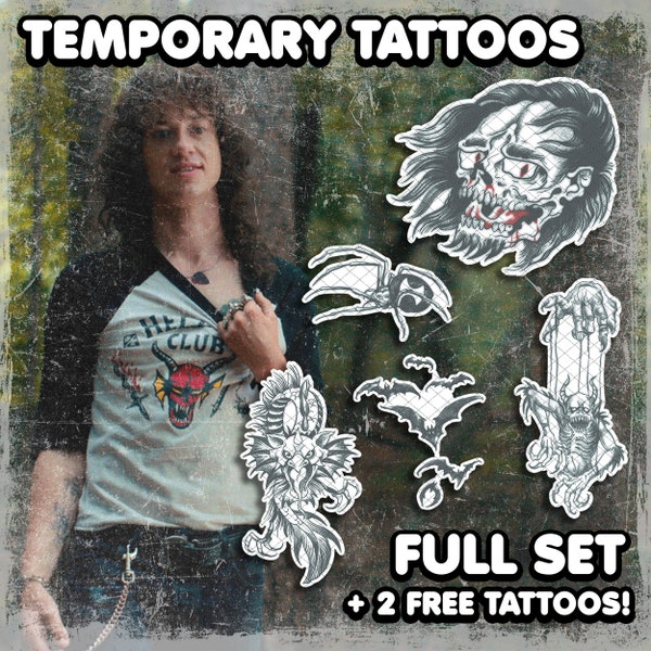 Eddie Munson | Tatouages temporaires | Réaliste | Tatouages sur les bras | Cosplay | Déguisement | Tatouages de chauve-souris | Faux tatouage | Halloween | ENSEMBLE COMPLET