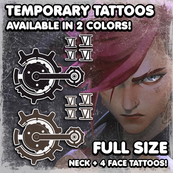 Vi| Temporäres Tattoo | Realistisch | Hals und Gesicht Tattoo-Set | ViCosplay | Kostüm | Fake Tattoo | Halloween | Aufbügeltattoo | Kettenrad