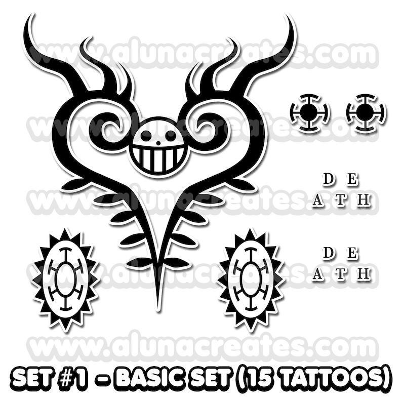 Puede incluir: Un conjunto de 15 tatuajes en blanco y negro que representan una calavera con un coraz&oacute;n y enredaderas, un sol con una cruz en su interior y una cruz con un c&iacute;rculo en su interior. El texto "SET #1 - BASIC SET (15 TATTOOS)" est&aacute; en la parte inferior de la imagen.