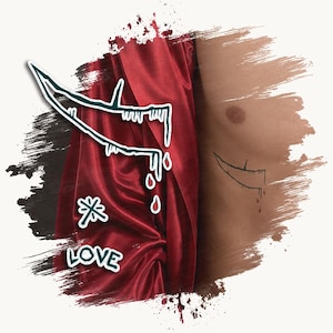 Puede incluir: Una tela de satén rojo intenso drapeada junto a una superficie color piel con un gráfico verde oscuro de una hoja afilada que gotea, un pequeño símbolo de estrella y la palabra LOVE en una fuente estilizada, sobre fondo blanco.