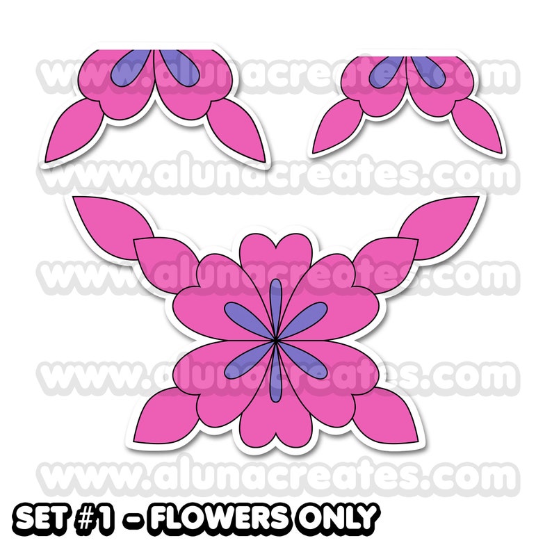 Puede incluir: Conjunto de cuatro pegatinas de flores rosas y moradas con un contorno blanco. Las flores tienen cinco p&eacute;talos y un centro con cuatro p&eacute;talos morados. El texto "SET #1 - FLOWERS ONLY" est&aacute; en la parte inferior de la imagen.