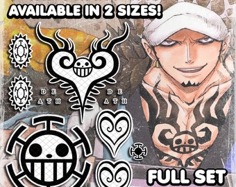 Trafalgar D. Water Law | Tatouages temporaires | Réaliste | Cosplay | Déguisements | Faux tatouage | Halloween | ENSEMBLE COMPLET | 18 TATOUAGES