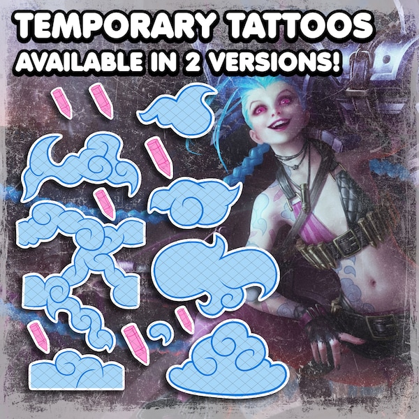 Classic Jinx | Temporary Tattoos | Realistic | Get Jinxed | Powder | Cosplay | Costume | LoL | Fake Tattoos | Halloween | FULL SET