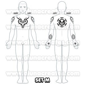 Puede incluir: Un dibujo en blanco y negro de una persona con tatuajes en los brazos y el pecho. Los tatuajes son de una calavera con un coraz&oacute;n y un s&iacute;mbolo con una calavera y huesos cruzados. El texto "SET M" est&aacute; en la parte inferior de la imagen.
